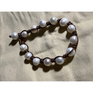 White Freshwater Pearl Knotted Brown Cord Boho Toggle Bracelet Handcrafted